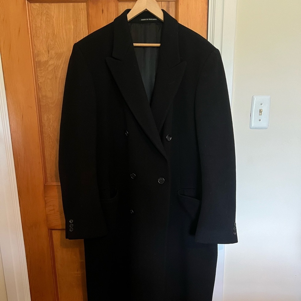 Men’s long dress cashmere blend over coat.